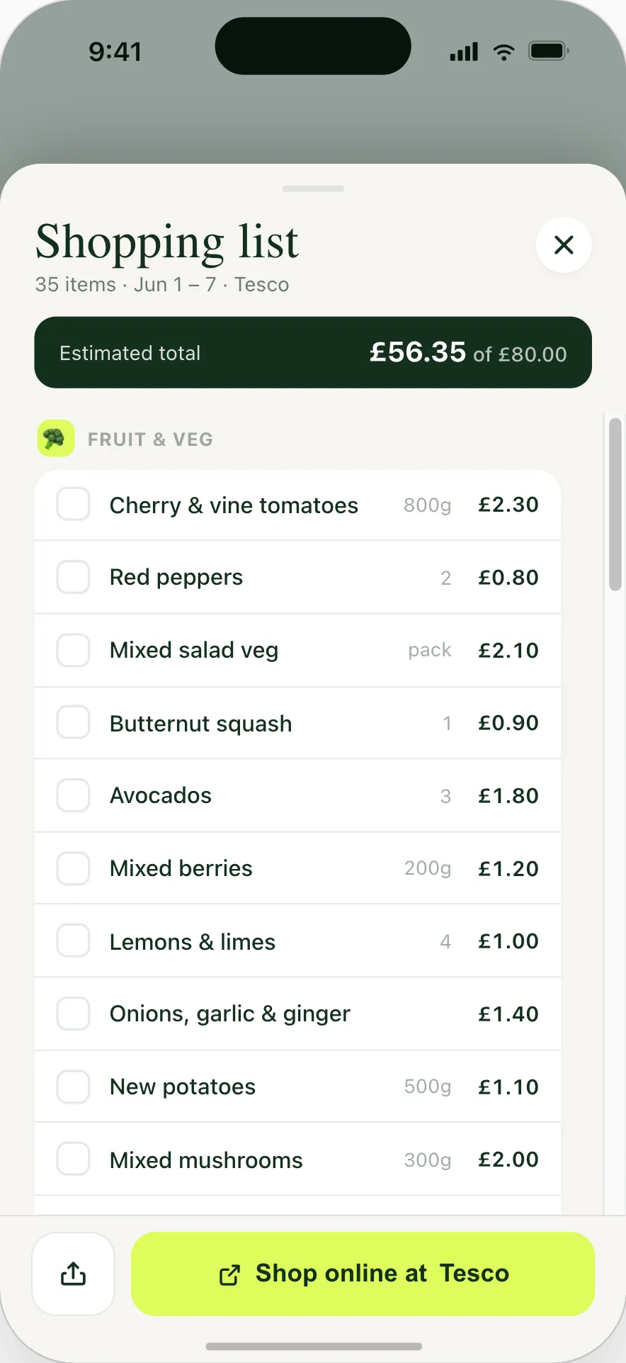 The Whipp shopping list grouped by aisle with an estimated total