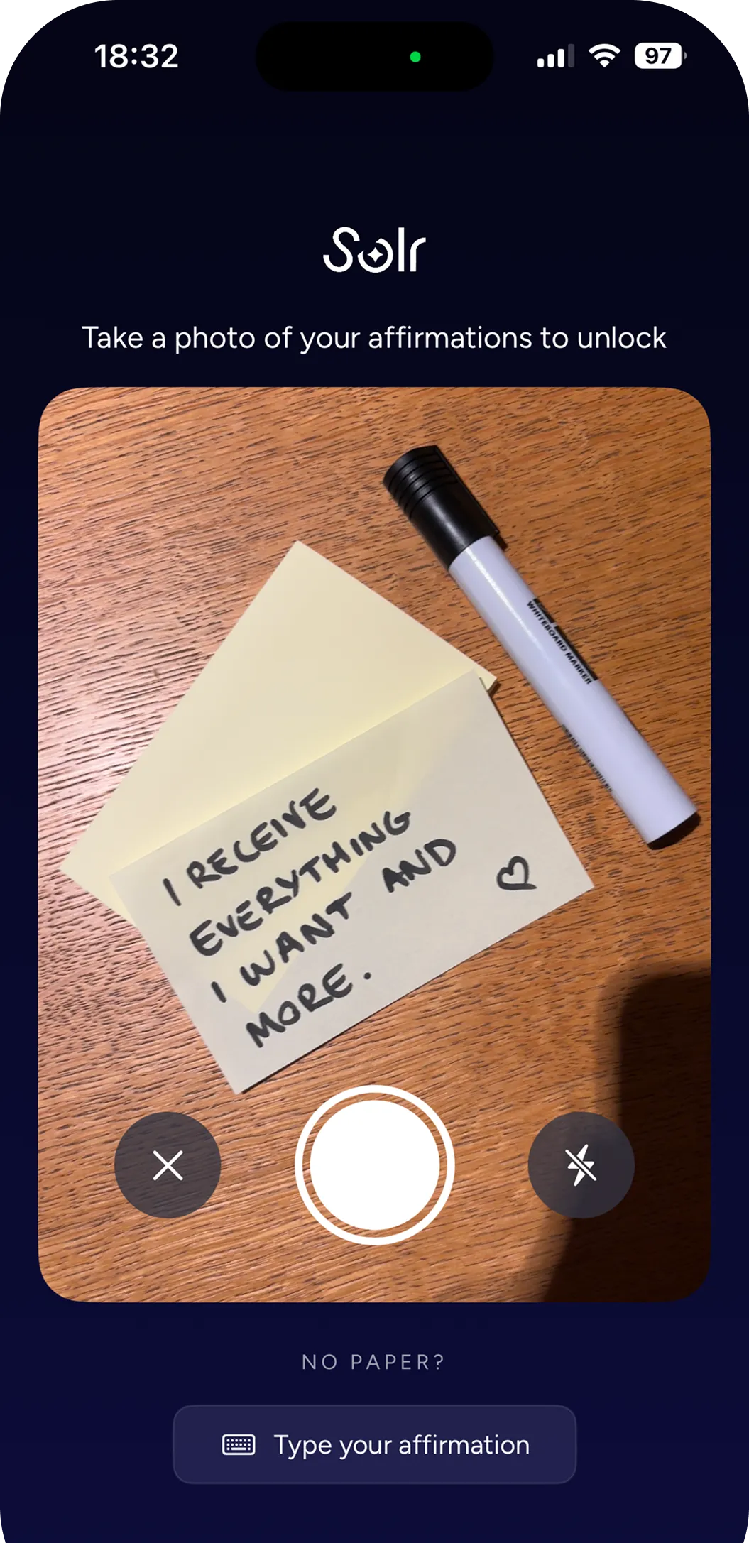 Solr asking for a photo of a handwritten affirmation to unlock an app